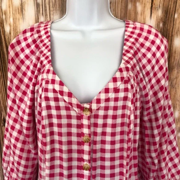 Torrid Fit & Flare Rayon Slub Button Up 3/4 Sleeve Pink Gingham Top - Picture 7 of 14